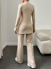 SHEIN Cottnline Mock Neck Split Hem Tee & Flare Leg Pants - Apricot - View 2