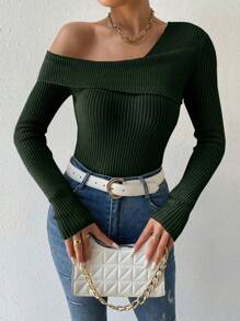 SHEIN Essnce Màu thuần Bất đối xứng Đường viền cổ áo Áo len - xanh quân đội - Xem 7