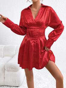 SHEIN Privé 提花收腰连衣裙 - 紅色 - 查看 4