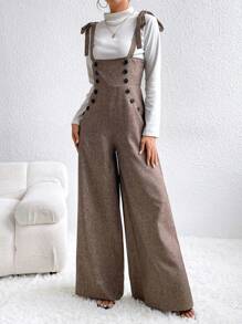 SHEIN Privé Button Detail Loose Wide-leg Jumpsuit - Brown - View 3