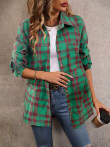 SHEIN LUNE Ladies' Grid Pattern Drop-shoulder Shirt - Green - View 3