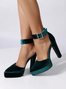 Women's Pointed Toe Waterproof Platform Thick Heel High Heels Pumps - Dark Green - View 3