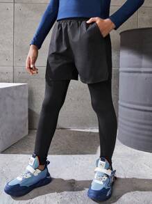 SHEIN 青少年男孩高彈性親膚二合一短褲,黑色,適合室內外運動活動,如瑜珈、跑步、騎自行車和訓練 - 黑色 - 查看 3