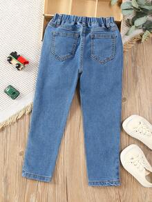 Pantalones vaqueros de verano para niños pequeños de unicolor con diseño simple y casual - Azul lavado medio - Ver 2