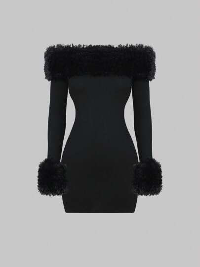 Sweetra Women's Bodycon Off Shoulder Dress With Plush Trim Decoration And Patchwork Design Mini Short Women Outfit