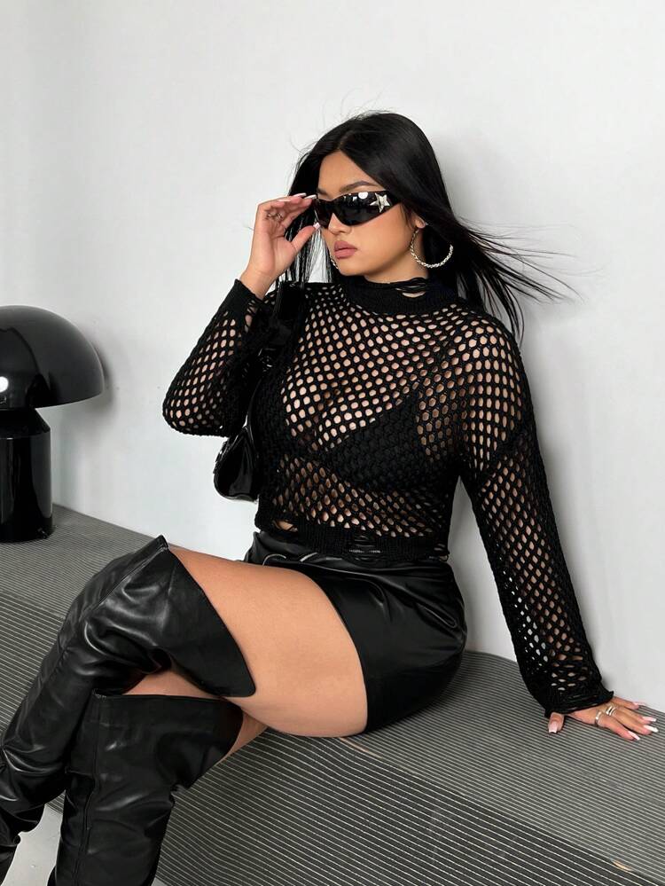 Plus Size Women's Stand Collar Hollow Out Knitted Sweater