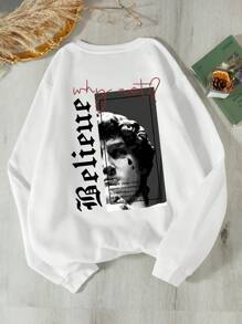 SHEIN EZwear 大尺碼女士雕塑印花抓毛套頭衫 - 白色 - 查看 1