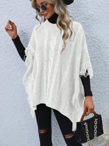 SHEIN LUNE Tassel-Edge Poncho Sweater Knit Pullover Fall Winter Outfit - White - View 4
