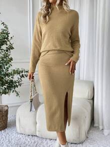 SHEIN LUNE Robe À Manches Longues À Col Montant Et Couleur Unie Pour Femmes Avec Fentes Latérales En Deux Parties - Camel - Voir 1