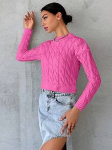 SHEIN Cottnline Solid Cable Knit Drop Shoulder Sweater - Pink - View 4