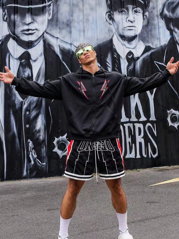 Men's Lightning Pattern Zipper Hooded Sport Jacket With Drawstring Workout Tops