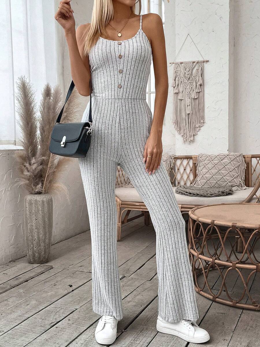 SHEIN LUNE 休閒女羅紋吊帶背心連身褲 - 灰色 - 查看 1