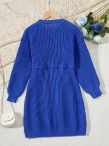 SHEIN Thanh lịch & Đầm Áo len Với dây rút Eo Đối với Bé gái tuổi teen - Màu xanh lam - Xem 2