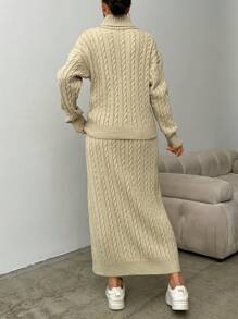 EURMUSE Cable Knit Turtleneck Sweater And Skirt Two Piece Set - Beige - View 2
