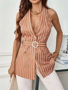 SHEIN Privé Của phụ nữ Sọc Thắt lưng Bộ đồ Áo vest - màu nâu - Xem 5