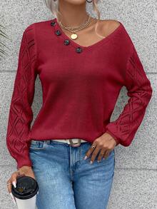 SHEIN Essnce Solid Color Sweater With Button Details - Red - View 4