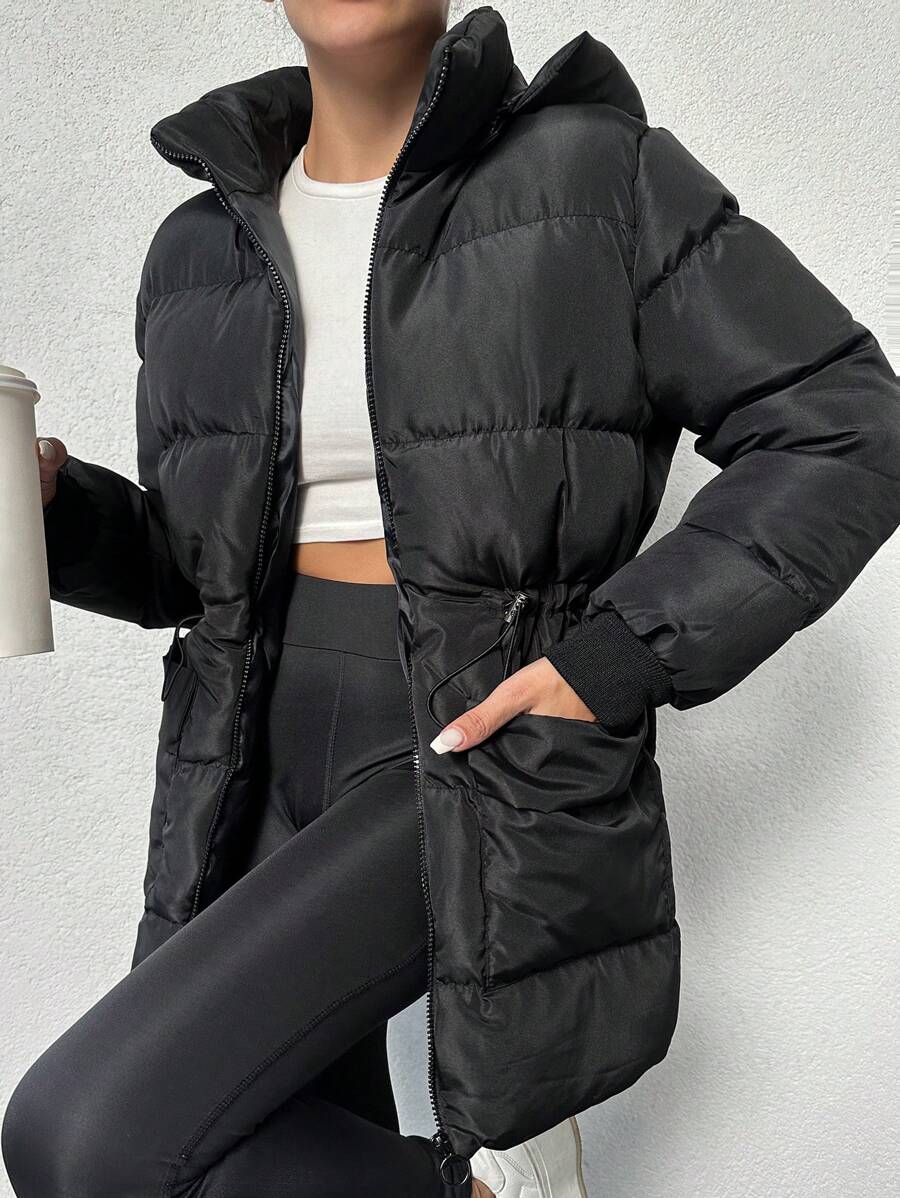 EURMUSE Women'S Drawstring Waist Hooded Padded Jacket - Black - View 1