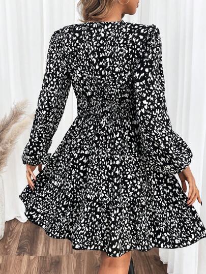 Women's V-Neck Lantern Sleeve Black-White Printed Lace Splice Fashion Dress Winter Casual