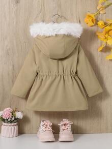 SHEIN Em bé Cô gái Dày lên Áo trùm đầu Với Vòng cổ , Ngoài trời Giải trí Phong cách - Màu Khaki - Xem 2