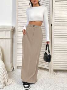 SHEIN Unity Quý cô Màu Khaki Đúng mốt Thêm dài Váy - Màu Khaki - Xem 3