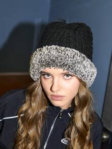 SHEIN ICON 1 件针织羽毛拼布时尚保暖帽，男女皆宜，学校 - 黑色 - 查看 2