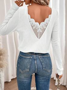 SHEIN Frenchy Ladies' Long Sleeve Lace Splice T-shirt - White - View 6