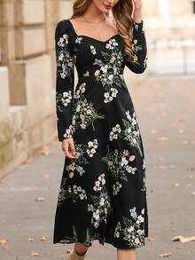 SHEIN Frenchy Của phụ nữ In hoa Tim Đường viền cổ áo Thắt lưng Eo Đầm Không có thắt lưng - màu đen - Xem 4