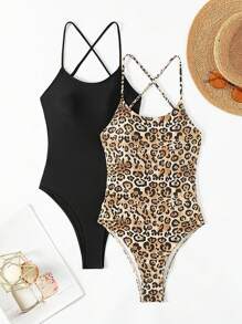 SHEIN Swim 夏季女士纯色豹纹连体泳衣及配套泳衣套装 - 彩色 - 查看 6