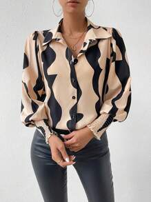 SHEIN LUNE Của phụ nữ Nếp uốn Hoa văn trừu tượng Thời trang Áo sơ mi Với Tay áo đèn lồng Và Ngẫu nhiên Cắt In ấn - Màu be - Xem 1
