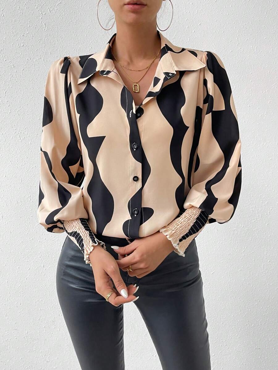 SHEIN LUNE Của phụ nữ Nếp uốn Hoa văn trừu tượng Thời trang Áo sơ mi Với Tay áo đèn lồng Và Ngẫu nhiên Cắt In ấn - Màu be - Xem 1