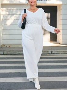 SHEIN Essnce 大尺碼紋理連身褲 - 白色 - 查看 1
