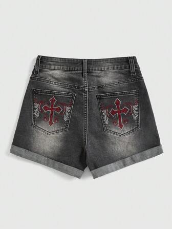 Grunge Punk Short en jean pour femmes avec décoration de croix et de strass, école