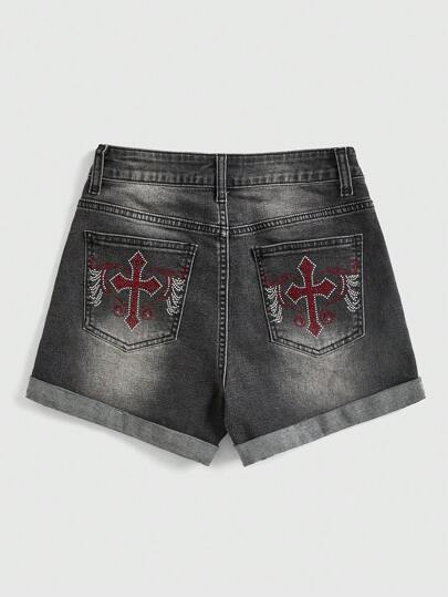 Grunge Punk Women's Cross & Rhinestone Decor Denim Shorts, School