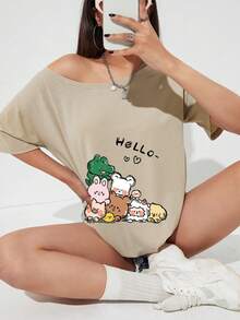 INAWLY 女款露肩卡通動物圖案所有搭配短袖T恤 - 卡其色 - 查看 4