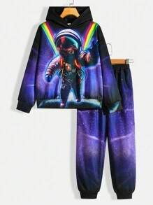 SHEIN Conjunto Informal Para Niños Sudadera Con Capucha Y Pantalones De Punto Con Elementos Espaciales Impresos