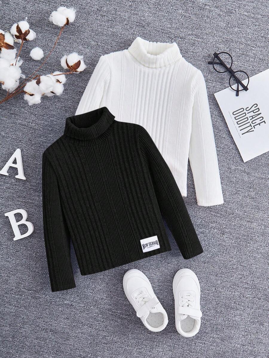 SHEIN 2pcs/Pack Young Girl Basic Solid Color Stand Collar Long Sleeve Top For Autumn And Winter - Black and White - View 1