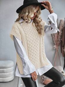 SHEIN Essnce 女士高領肋紋針織毛衣背心 - 杏色 - 查看 6