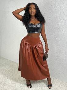 Slaydiva Falda De Mujer De Cintura Ancha Con Pliegues De Pu