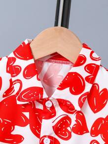 SHEIN 2pcs/Set Young Boy Heart Print Shirt & Shorts Set, Cute & Versatile, For Valentine's Day - Red - View 6