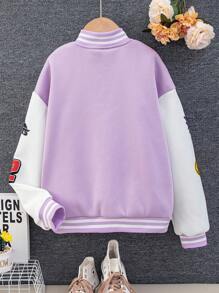 青少女甜美對比色字母印花棒球夾克,適用於秋冬季節 - 淡紫色 - 查看 2