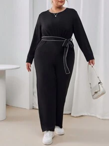 SHEIN Essnce 大尺碼女士拼色腰帶連身裤