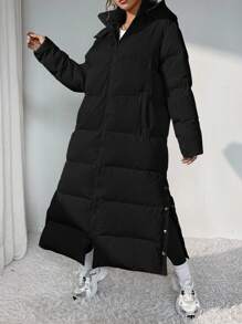 SHEIN EZwear 女士簡約純色長款加厚夾克外套 - 黑色 - 查看 7