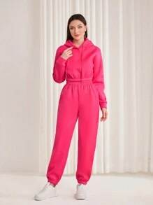 SHEIN LUNE 女士連帽束腰運動衫和運動褲套裝 - 玫紅色 - 查看 5