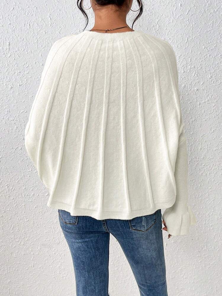 White Ruffle Hem Knit Pullover Fall Winter Sweater