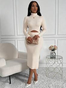 Zolique 高領&高衩針織上衣套裝 - 杏色 - 查看 4