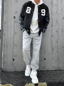 Manfinity Homme 男式大尺寸pu皮革袖子飛行夾克,附有字母刺繡和條紋飾邊 - 黑色 - 查看 4