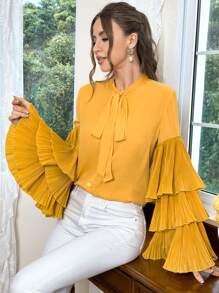SHEIN Privé Của phụ nữ Nhiều lớp Tay áo xù Áo sơ mi Với Bowknot Và Dây thắt lưng - Màu vàng - Xem 6
