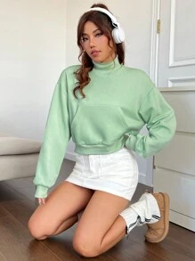 SHEIN EZwear Màu xanh lá Dệt kim Cổ cao Áo nỉ - màu xanh lá - Xem 4