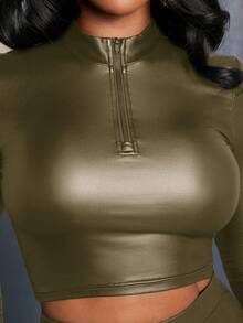 Slaydiva 女士立领短款PU长袖T恤 - 軍綠色 - 查看 3