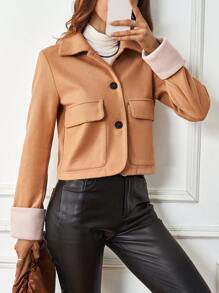 SHEIN Clasi Casaco De Lã Feminino De Manga Longa Com Gola De Lapela Em Cor Contrastante - Caqui - Visão 7